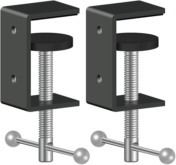 2-Pack 1 Inch Heavy Duty Black C-Clamps for Desk & Table, 0-1.5 Inch Clamping Range, 2 Mounting Holes, Metal Workbench Clamps, Garland Clamps, Mantle Clamp