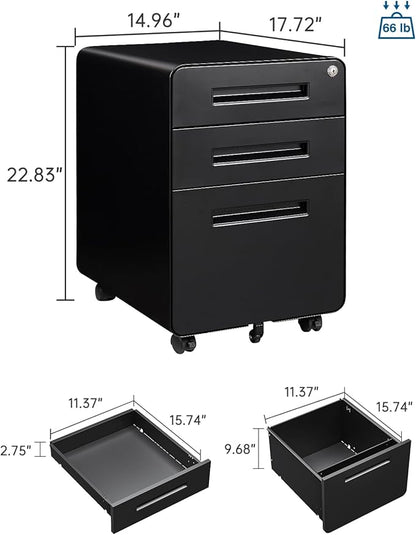 3 Drawer File Cabinet with Lock, Metal Under Desk Rolling Filing Cabinet fits Letter/Legal/A4 Size for Home Office,(Fully Assembled, Black)