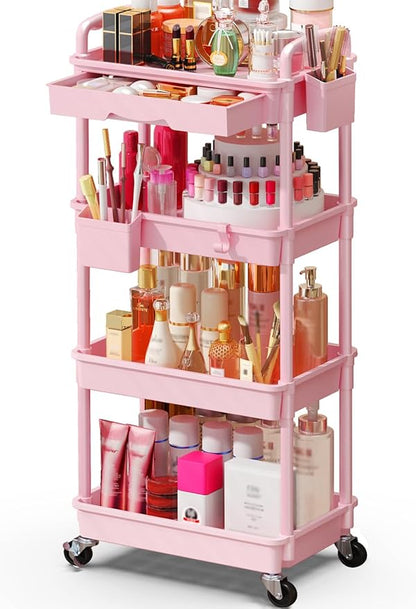 Makeup Cart Organizer with Drawers, 4 Tier Floor Skincare Organizers for Vanity, Rolling Makeup Bathroom Storage Cart Cosmetics Display Cases for Skin Care Perfume Nail Polish, Pink