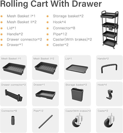 4 Tier Rolling Utility Cart with Drawer,REBECAT Utility Cart Made of Multifunctional Storage Organizer Tool for Kitchen,Bathroom,Living Room,Office(Black)