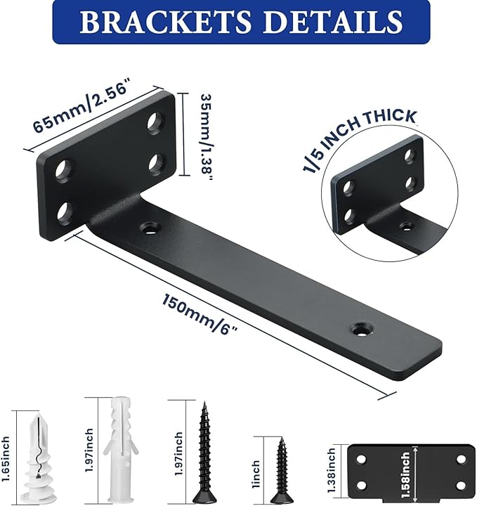 Alise Floating Shelf Brackets Black, 4 Pcs L Brackets for Shelves, 6'' Hidden Invisible Shelf Brackets,1/5" Inch Thick Heavy Duty Metal Wall Shelf Support Corner Brackets for Home and Mounting Shelf
