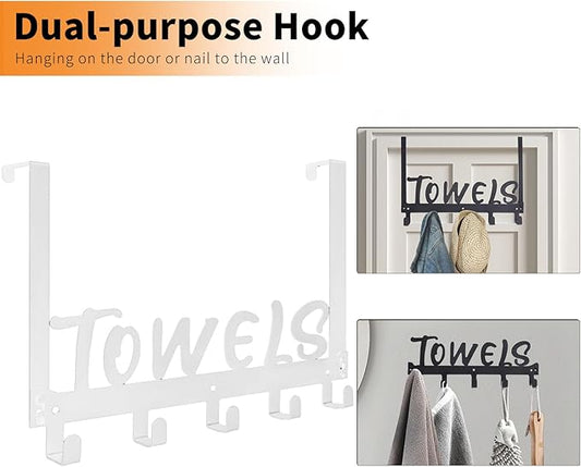 Over The Door Hook, Towel Holder Towel Hook for Bathroom, Towel Hanger Door Rack with 5 Coat Hooks, Over The Door Hanger Towel Rack for Bathroom, Bedroom Towels Coats(White)