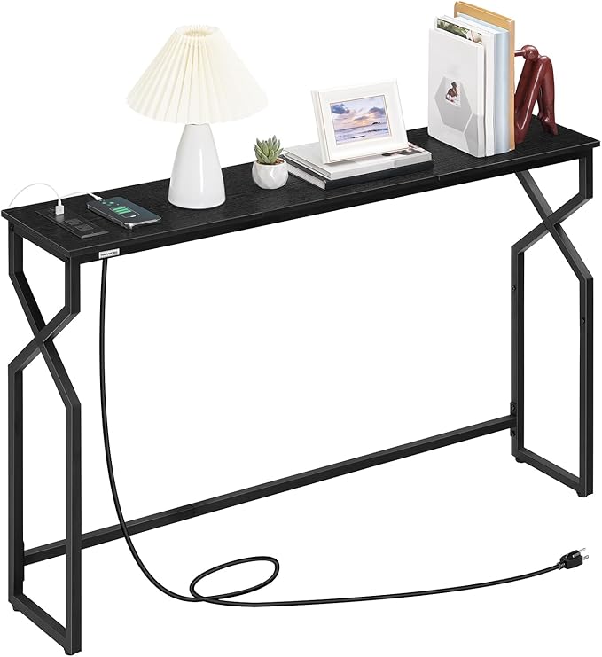 Console Sofa Table, 44.9" Entryway Table with Power Station, Narrow Couch Table with USB Ports and Outlets, Metal Frame, for Entrance, Living Room, Black CTHB113E01