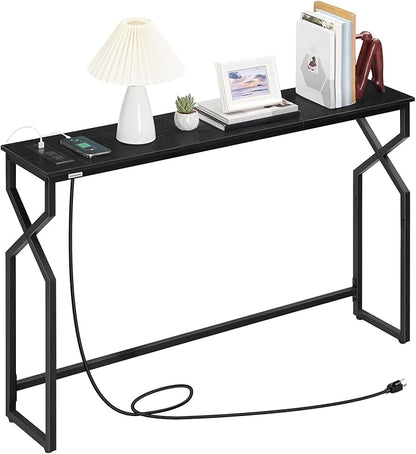 Console Sofa Table, 44.9" Entryway Table with Power Station, Narrow Couch Table with USB Ports and Outlets, Metal Frame, for Entrance, Living Room, Black CTHB113E01