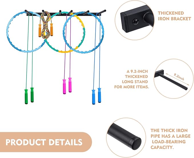 Wall Mounted Jump Rope Rack - 6 Peg Wall Mounted Gym Organizer Rack, Heavy-Duty Metal Purpose Hoop Rope Holder for Resistance Bands, Home/Gym Storage