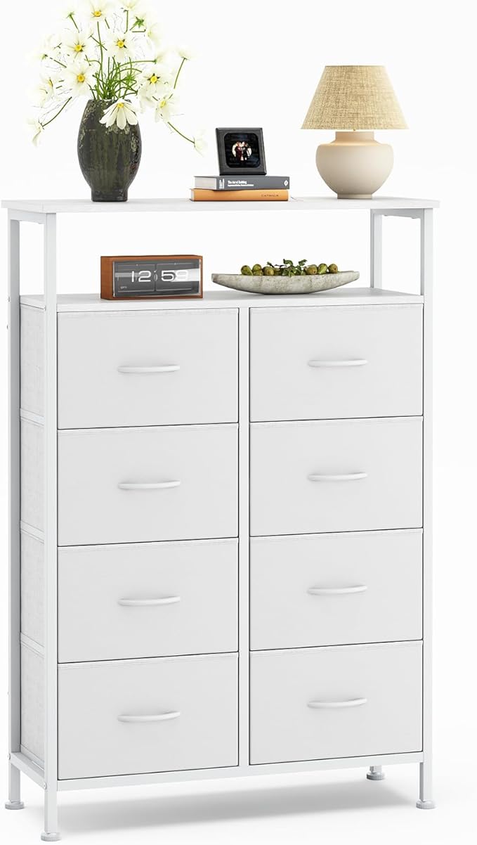 DUMOS TV Stands for Living Room with 8 Drawers, Tall 8-Drawer Chest of Drawers with Raised Shelf, Storage Tower with Fabric Bins for Organization, Hallway Storage, White