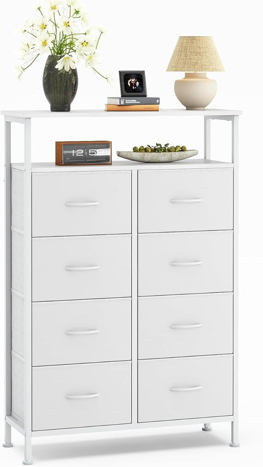 DUMOS TV Stands for Living Room with 8 Drawers, Tall 8-Drawer Chest of Drawers with Raised Shelf, Storage Tower with Fabric Bins for Organization, Hallway Storage, White