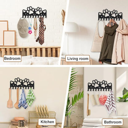 MAYJOYDIY Paw Prints Coat Rack Wall Mount 9.8×4.7inch Heart Metal Paw Key Holder for Wall 10 Hooks Dog Leash Decorative Black Key Hooks for Gift Coats Hats Towels Bags