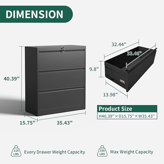 3 Drawer Lateral File Cabinet, Metal File Cabinets for Home Office with Lock, Large Filing Storage Cabinet Printer Stand, Steel Wide File Cabinet for Legal/A4/F4/Letter,Require Assembly,Black