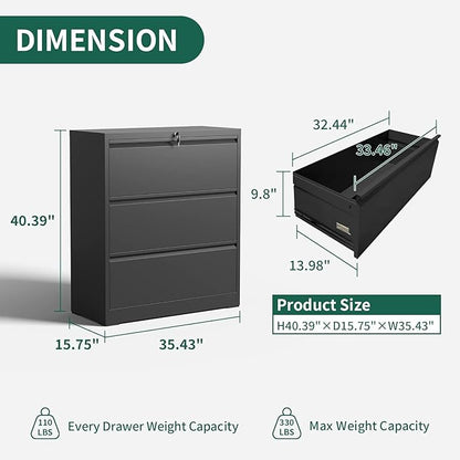 3 Drawer Lateral File Cabinet, Metal File Cabinets for Home Office with Lock, Large Filing Storage Cabinet Printer Stand, Steel Wide File Cabinet for Legal/A4/F4/Letter,Require Assembly,Black