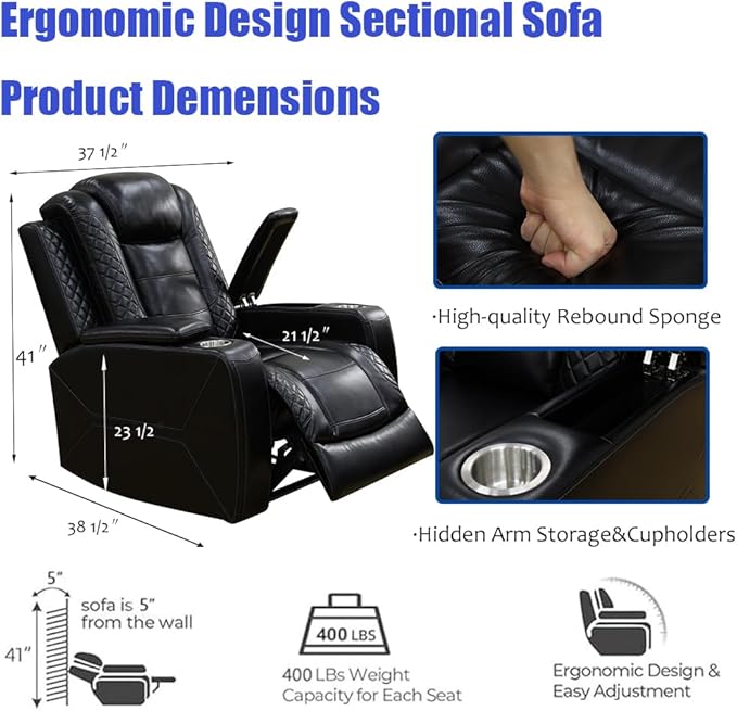 Power Reclining Sectional Sofa with Chair, Electric Recliner Sectional Sofa, Black Leather Power Recliner Couch, High-Density Rebound Sponge, Read Lights, USB Type C Charging for Living Room