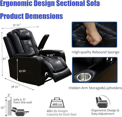 Power Reclining Sectional Sofa with Chair, Electric Recliner Sectional Sofa, Black Leather Power Recliner Couch, High-Density Rebound Sponge, Read Lights, USB Type C Charging for Living Room