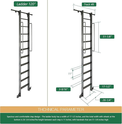 120" Attic Rolling Library Ladder,10 Step Aluminum Ladder with,with 4FT Sliding Hardware Track Kit Bottom Wheel Included&Handrail,Loft Ladder,Wall Stairs Stair Platform Bunkbed Ladder