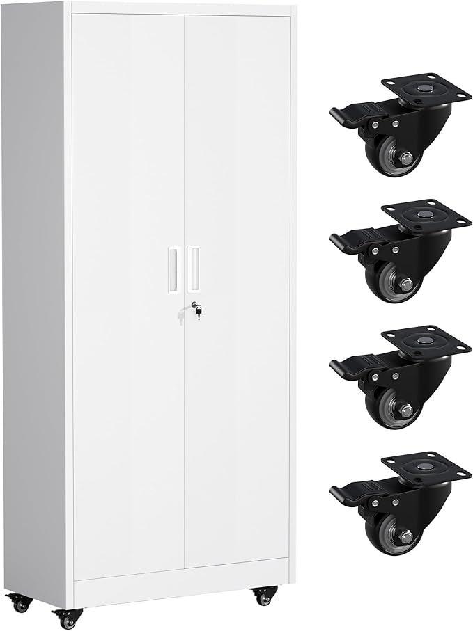 Greenvelly 73" Rolling Storage Cabinet,White Metal Garage Cabinet with Locking Doors and 4 Adjustable Shelves for Home,Kitchen,Office,Warehouse(32" W x 16" D,Wheels)
