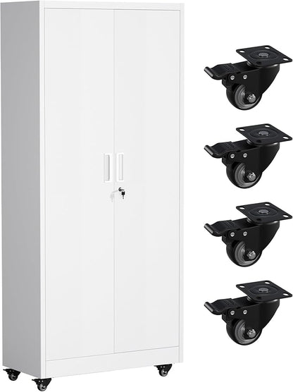 Greenvelly 73" Rolling Storage Cabinet,White Metal Garage Cabinet with Locking Doors and 4 Adjustable Shelves for Home,Kitchen,Office,Warehouse(32" W x 16" D,Wheels)