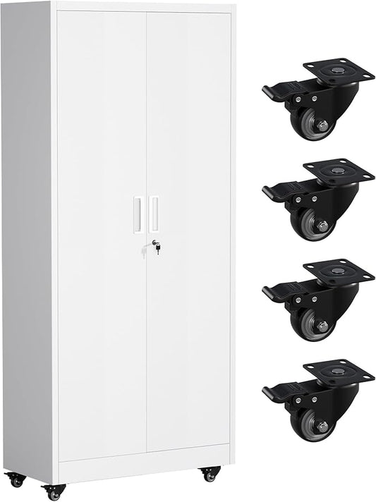 Greenvelly 73" Rolling Storage Cabinet,White Metal Garage Cabinet with Locking Doors and 4 Adjustable Shelves for Home,Kitchen,Office,Warehouse(32" W x 16" D,Wheels)