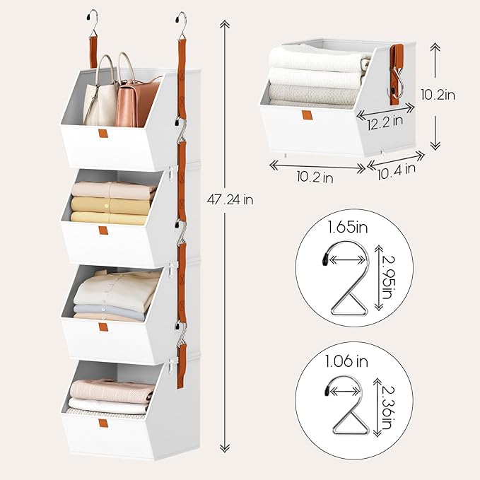Hanging Closet Organizer 4 Tier - Clothes Hanging Shelves, Space-Saving Closet System, Fabric Storage Bins Bedroom Organization, Collapsible Baskets for Home, Dorm, Rv, White