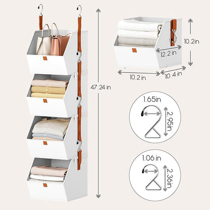 Hanging Closet Organizer 4 Tier - Clothes Hanging Shelves, Space-Saving Closet System, Fabric Storage Bins Bedroom Organization, Collapsible Baskets for Home, Dorm, Rv, White