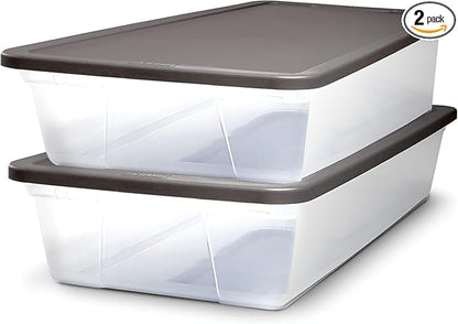 HOMZ 2-Pack Snaplock, Small Clear Plastic Storage Organizer Bins w/ Lids, 28 Quart, Gray - Stackable Container Boxes for Bedroom, Bathroom, Garage, and Office Organization