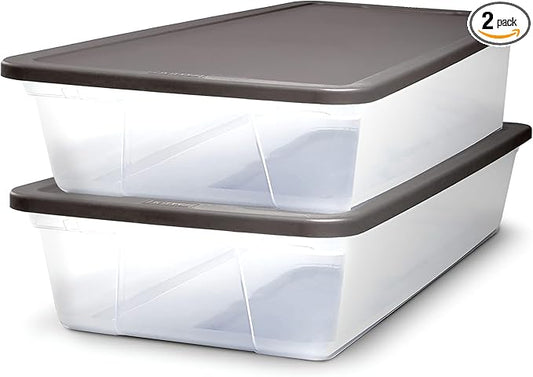 HOMZ 2-Pack Snaplock, Small Clear Plastic Storage Organizer Bins w/ Lids, 28 Quart, Gray - Stackable Container Boxes for Bedroom, Bathroom, Garage, and Office Organization