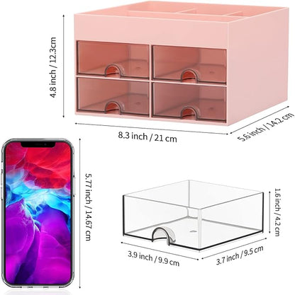 LETURE Office Desktop Organizer with Drawer, Desk Top Accessories Stationary Organizer Desk Caddy, Pen/Pencil/Business Card/Sticky Note Tray/Paperclip Holder Storage Box (Pink)