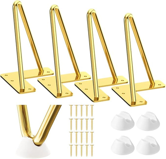 SMARTSTANDARD 6 Inch Hairpin Furniture Legs, 3/8'' Rods Metal Home DIY Projects for Nightstand, Coffee Table, Cabinet with Rubber Floor Protectors, Gold Set of 4PCS