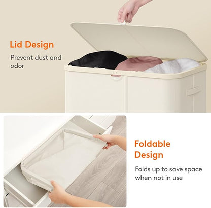 Lifewit 185L Large 3 Section Laundry Hamper with Lid, Plastic Laundry Basket with Bamboo Handles and Removable Bags, Tall Foldable Clothes Hamper for Bathroom Bedroom, White