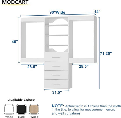 Modular Closet 90" Hanging & Drawers, Wooden Tower for Walk-In Closets, White Wall-Mounted Wardrobe Organizer