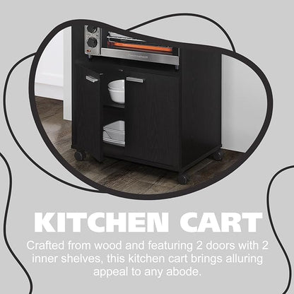 Kings Brand Furniture Ayla Microwave Cabinet with Storage and Upper Shelf for Kitchen Appliances - 2 Door Cabinet Kitchen Storage Cart - Wood Kitchen Cart with Lockable Castors Wheels – Black