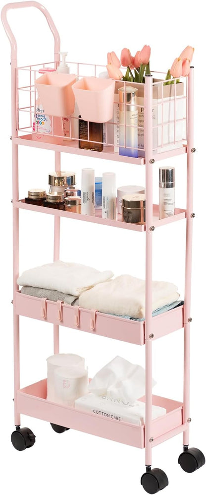 danpinera 4 Tier Slim Cart with Wheels, 7.7’’ Metal Skinny Rolling Storage Cart on Wheels for Kitchen, Bedroom, Office, Laundry Room, Small Narrow Spaces with Hooks and Cups, Pink