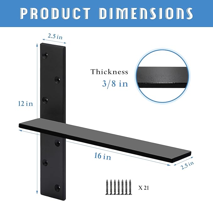 Floating Shelf Bracket 3/8" Thick Heavy Duty Shelf Brackets 4 Pack Free Hanging Countertop Support Bracket 16" Lx2.5 W Floating Wall Brackets for Cabinets, Granite, Dishwasher, Bench Seats Vanities
