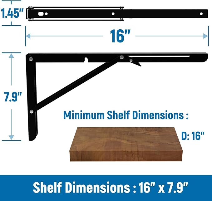 LEOPO 16 inch Folding Shelf Brackets-2 Pack Foldable Heavy Duty Triangle Collapsible Wall Mounted Brackets for Fold Down Table, Space Saving for Bench Table with Screws, Black