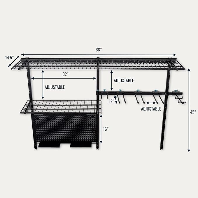 StoreYourBoard G-Tool Pro Storage System, Adjustable Garage Wall Mount Organizer With Pegboard & Shelf, Yard Shovel Rake Holder, Holds 500 Lbs