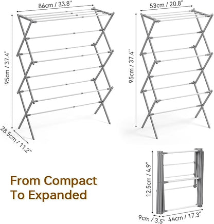 KINGBOARD Clothes Drying Rack, Collapsible Drying Rack Clothing with 11 Poles, 3-Tier Laundry Drying Rack, Small Clothes Drying Rack Foldable for Baby Clothes, 25lb Capacity, Grey