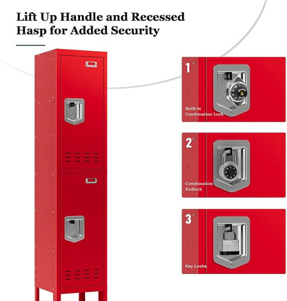 Metal Storage Locker with Lock & Card Slot Locker - Secure Lockable Door - Steel Locker for School, Office, Gym, Home - 66.15" H x 11.8" W x 11.8" D（2 Door, Red）