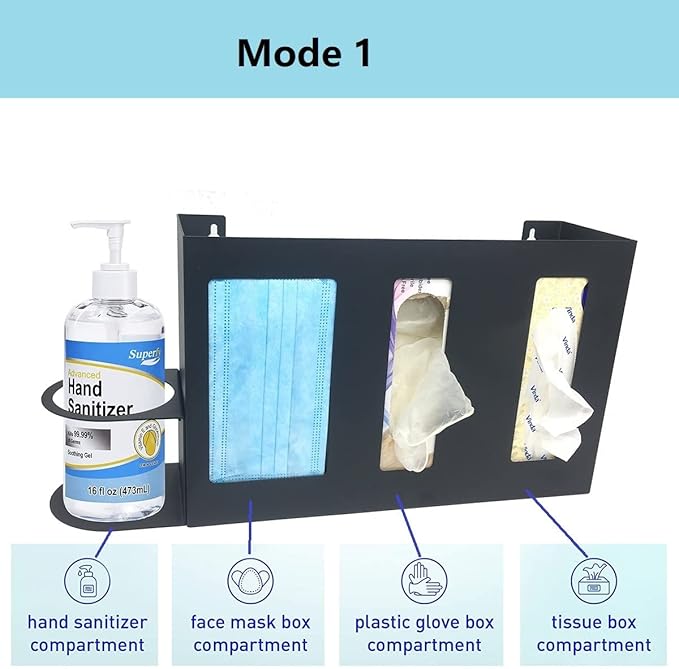 Steel Sanitizing Station Dispenser Stand, Wall Mounted Organizer for Face Masks, Glove Box and Hand Sanitizer or Others in Office, Gym, Schools, Hospital, Laboratory or Other Public Sites