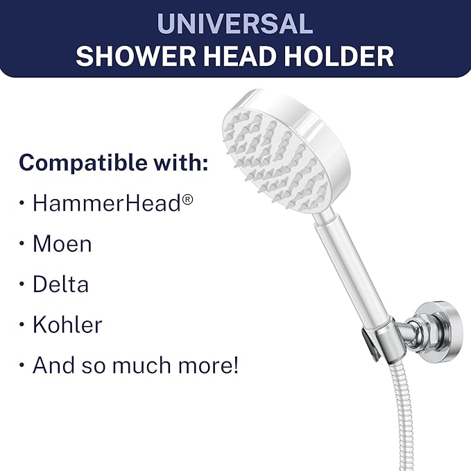 HammerHead Showers® Solid Metal Handheld Shower Head Holder Wall Mount – Chrome – Adjustable Screw Mounted Shower Wand Holder with Pivot Ball – Shower Hose Holder, Fits Most Handheld Shower Heads