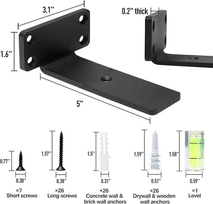 HITOMEN Heavy Duty Floating Shelf Brackets, 5-Inch (1/5'' Thick) Hidden Shelves Hardware, Iron L Brackets, Rustic Industrial Black Metal Wall Shelving Supports, 6 Pack