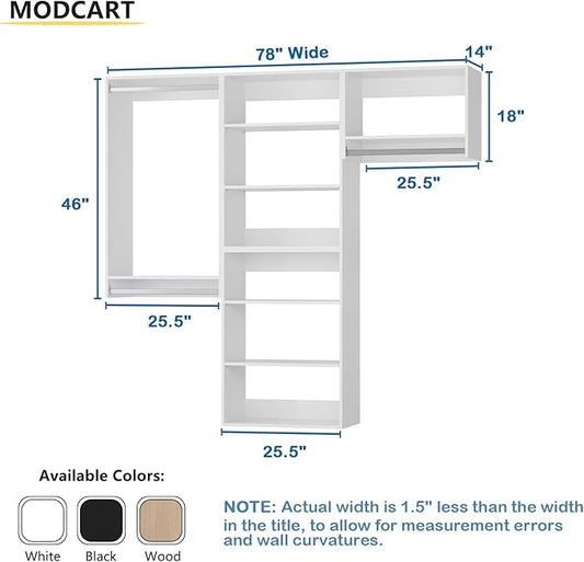 Modular Closet System, 78" Wide Closet Organizer System with Towers and Hanging, Wood Closet Tower Storage for Walk In Closets, Wall Mounted Wardrobe Organizer Kit System, Bedroom, White