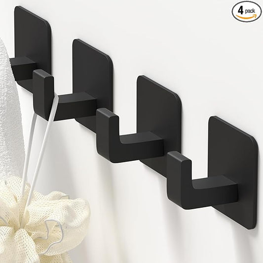 Square Self Adhesive Towel Hooks - 4 Pack Matte Black Metal Hooks, Right-Angle Design for Towels, Robes & Hats, Organize Bathroom, Kitchen, Entryway, Doors, Cabinets on Smooth Surfaces | Square, Right-Angle Design, for Towels, Robes & Hats, Organize Ba...