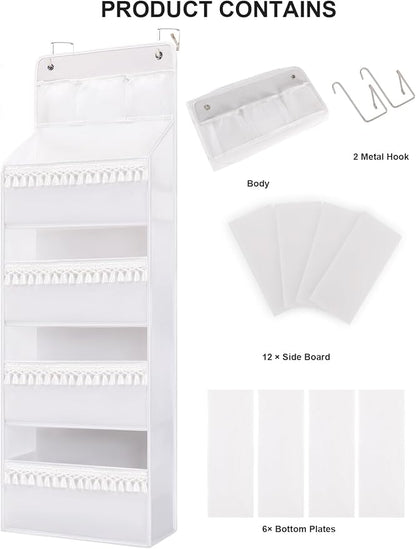 Over the Door Organizer - Boho Nursery Hanging Organizer with Tassels -Oxford Behind Door Storage for Bedroom, Bathroom, Closet, Dorm, Pantry, Diapers, 4 Shelves, White