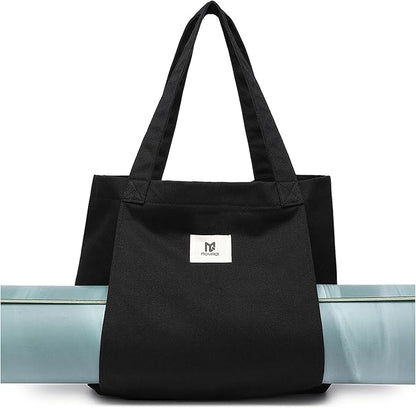 Moyaqi Canvas Tote Bag with Yoga Mat Carrier Pocket Carryall Shoulder Bag for Office, Workout, Pilates, Travel, Beach and Gym