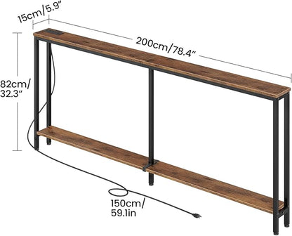 78.7" Narrow Console Table with Charging Station, Behind Couch Table with 2 AC Outlets, 1 USB and 1 Type-C Port for Hallway, Living Room, Foyer, Rustic Brown and Black TXG02UBF