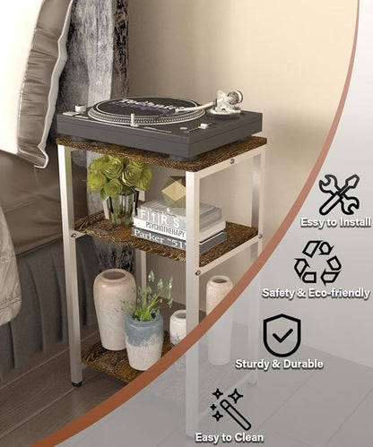 3 Tier Side Table, Heavy Duty End Table with Shelves, Narrow Nightstand Table for Small Spaces, Record Player Table for Bedroom, Living Room, Sofa Couch - Rustic Brown & White