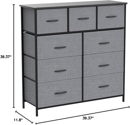 DUMOS Dresser for Bedroom, Dressers & Chests of Drawers Dresser Organizer, Wood Top Table Furniture with 9 Fabric Storage Tower Unit, Chest of Drawers for Closet, Living Room, Hallway, Porch