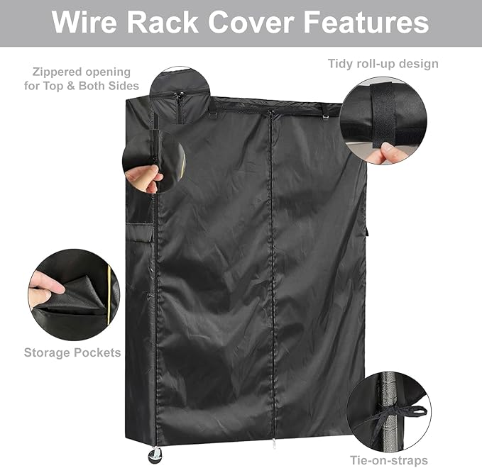 Premium Wire Shelf Cover with 5 Way Zipper & Bag, 48"W x 18"D x 72"H, 600D Heavy Duty Waterproof Dustproof Storage Shelving Cover, Protect & Organize for Outdoor Kithen Garage Basement Rack