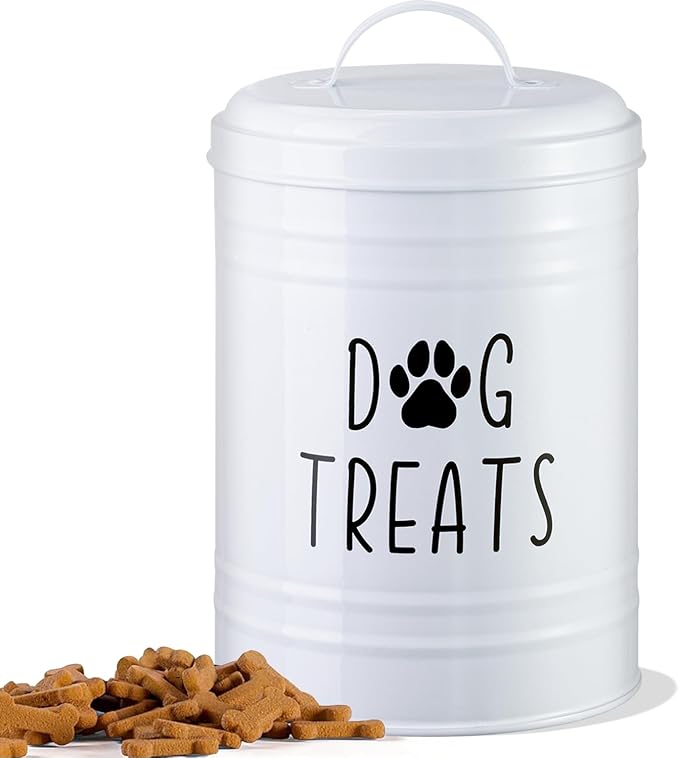 Dog Treat Container Airtight, Dog Treat Jar with Lid - 9x5.5'' Metal Dog Cookie Jar for Farmhouse Kitchen Counter, White Pet Treat Container, Dog Treat Storage Container for Dogs, Cats