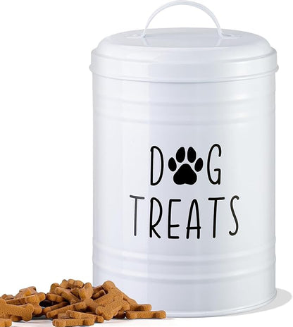 Dog Treat Container Airtight, Dog Treat Jar with Lid - 9x5.5'' Metal Dog Cookie Jar for Farmhouse Kitchen Counter, White Pet Treat Container, Dog Treat Storage Container for Dogs, Cats