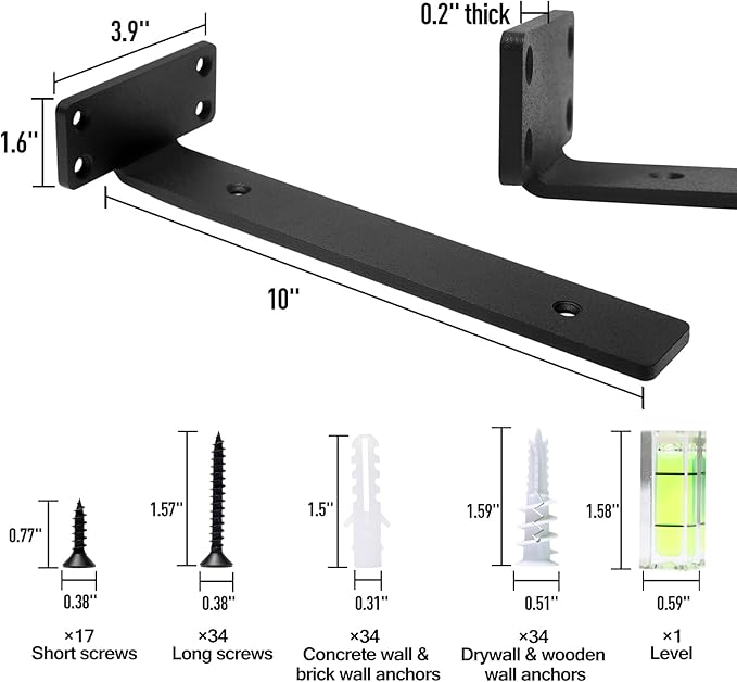 HITOMEN Heavy Duty Floating Shelf Brackets, 10-Inch (1/5'' Thick) Hidden Shelves Hardware, Iron L Brackets, Rustic Industrial Black Metal Wall Shelving Supports, 8 Pack