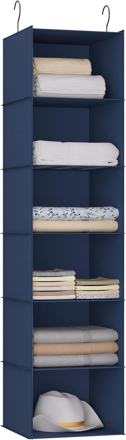 Hanging Closet Organizer and Storage 6-Shelf, Easy Mount Foldable Hanging Closet Wardrobe Shelves, Clothes Handbag Shoes Accessories Storage, Washable Oxford Cloth Fabric, Navy Blue